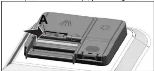 3D-weergave van een apparaatbehuizing met gelabeld onderdeel A, met interne structuur en geen zichtbare tekst of symbolen