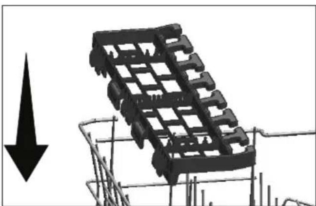 3D-diagram van een mechanisch onderdeel met een neerwaartse pijl, geen tekst of symbolen aanwezig