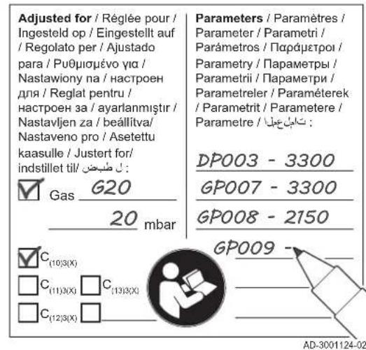 Adjusted for / Réglée pour / Ingesteld op / Eingestellt auf / Regolato per / Ajustado para / Puθμιρμένο για / Nastawiony na / настроен для / Reglat pentru / настроен за / ayarlanmıştır / Nastavljen za / beállítva/ Nastaveno pro / Asetettu kaasulle / Justert for/ indstillet til / Gas G20 20 mbar Para…