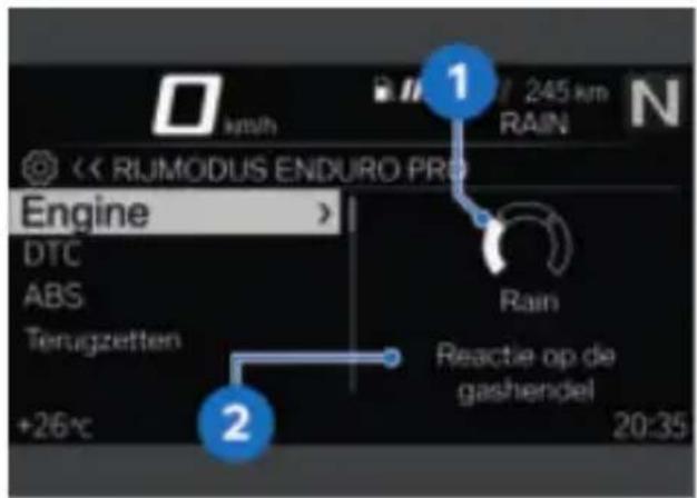 km/h 245 km RAIN << RIJMODUS ENDURO PRO Engine DTC ABS Terugzetten +26°C Rain Reactie op die gashendel 20:35