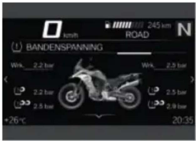 km/h 245 km ROAD N (1) BANDENSPANING Wrk. 2.2 bar Wrk. 2.5 bar (2) 2.2 bar (3) 2.5 bar +26°C 20:35