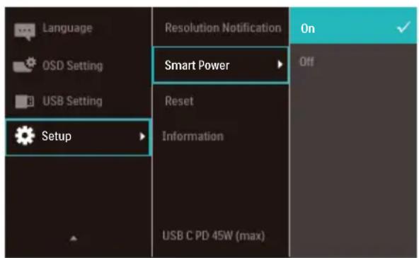 Language OSD Setting USB Setting Setup Resolution Notification Smart Power Reset Information USB C PD 45W (max) On Off