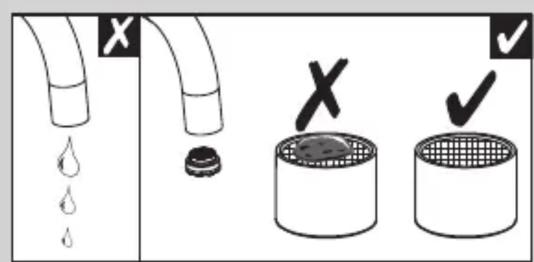 Diagram illustrating water droplet behavior and surface cleaning steps with labeled symbols and checkmarks