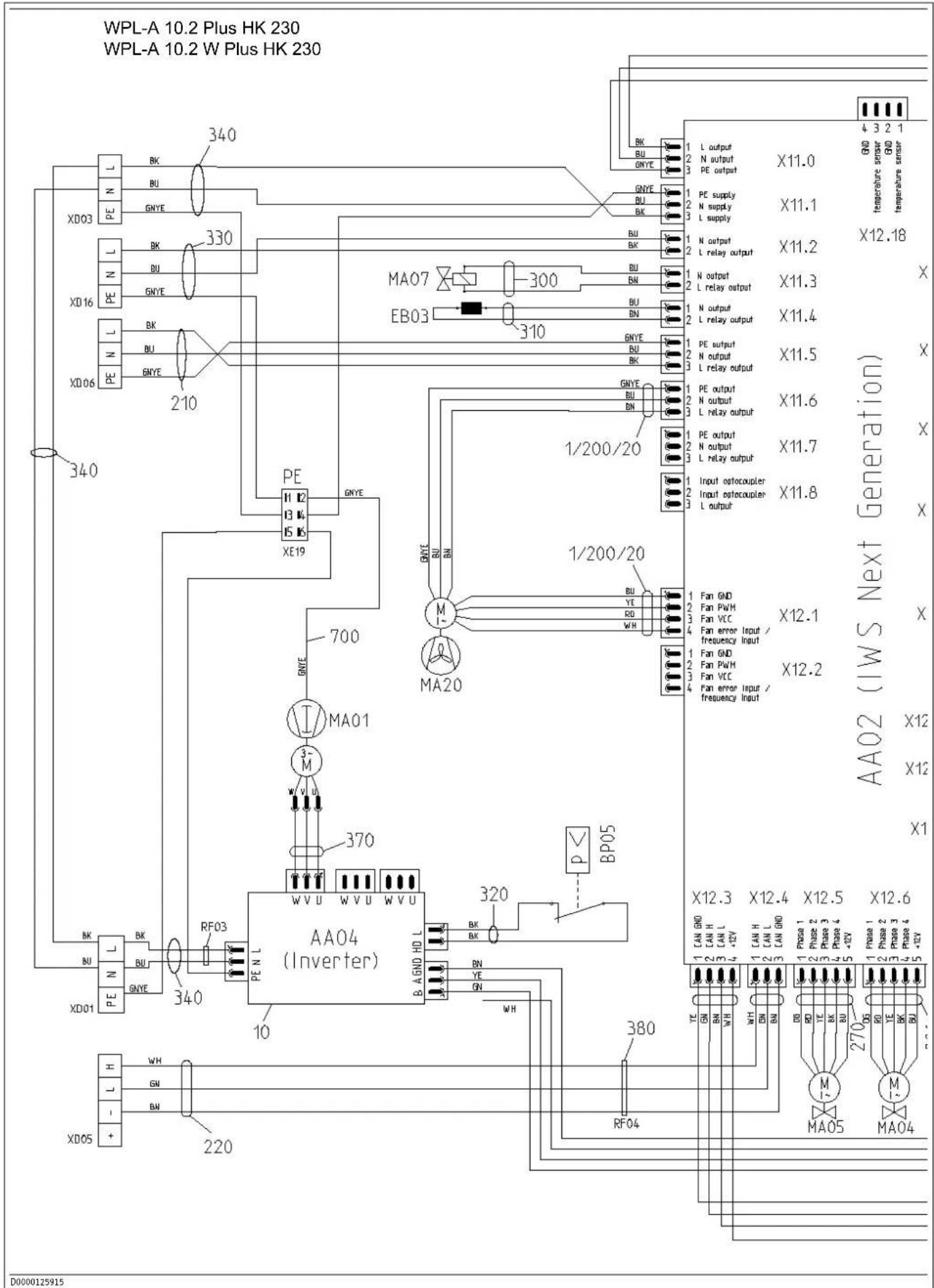 WPL-A 10.2 Plus HK 230 WPL-A 10.2 W Plus HK 230 XDO3 XO16 XDO6 340 BK BU GNYE 330 BK BU GNYE 210 PE H 12 B 4 15 16 XE19 700 MA01 3- M 370 PE N L RWU WVU WVU PE O L RF03 340 XDO1 PE N L GNYE 380 RP05 AA04 (Inverter) 320 BK BK PB05 1/200/20 1/200/20 MA20 M B A GND HD L PE N L 10 WH 220 D0000125915 BK…