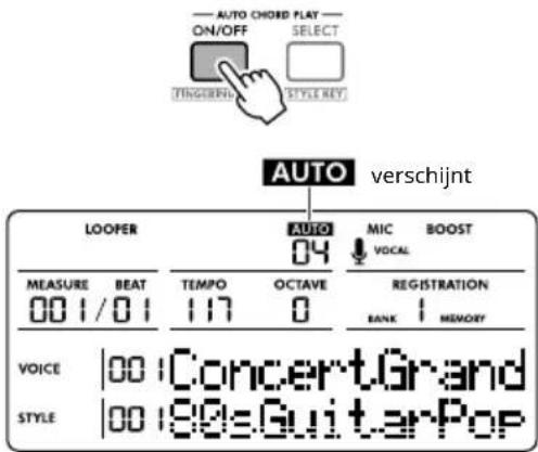 AUTO CHORD PLAY ON/OFF SELECT TINGERSIDE STYLE RET. AUTO verschijnt LOOPER AUTO MIC BOOST 04 VOCAL MEASURE BEAT TEMPO OCTAVE REGISTRATION 001/01 117 0 BANK MEMORY VOICE |00 |ConcertGrand STYLE |00 |88sGuitarPop