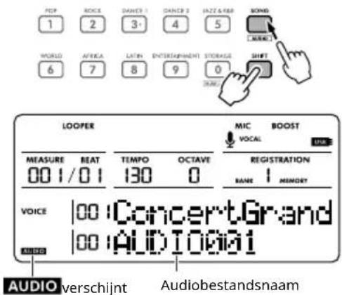 POP 1 ROCE 2 DAVER 1 3+ CHANCE 2 4 JAZZ & BIGG 5 KONG WORLD 6 AFRICA 7 LATER 8 ENTERTAINMENT 9 STORAGE 0 SHIFT 0 DALE LOOPER MIC VOCAL BOOST DIC MEASURE BEAT TEMPO OCTAVE REGISTRATION BANKI MEMORY VOICE 100 | Concert.Grand 100 | AUDIO.001 AUDIO verschijnt Audiobestandsnaam
