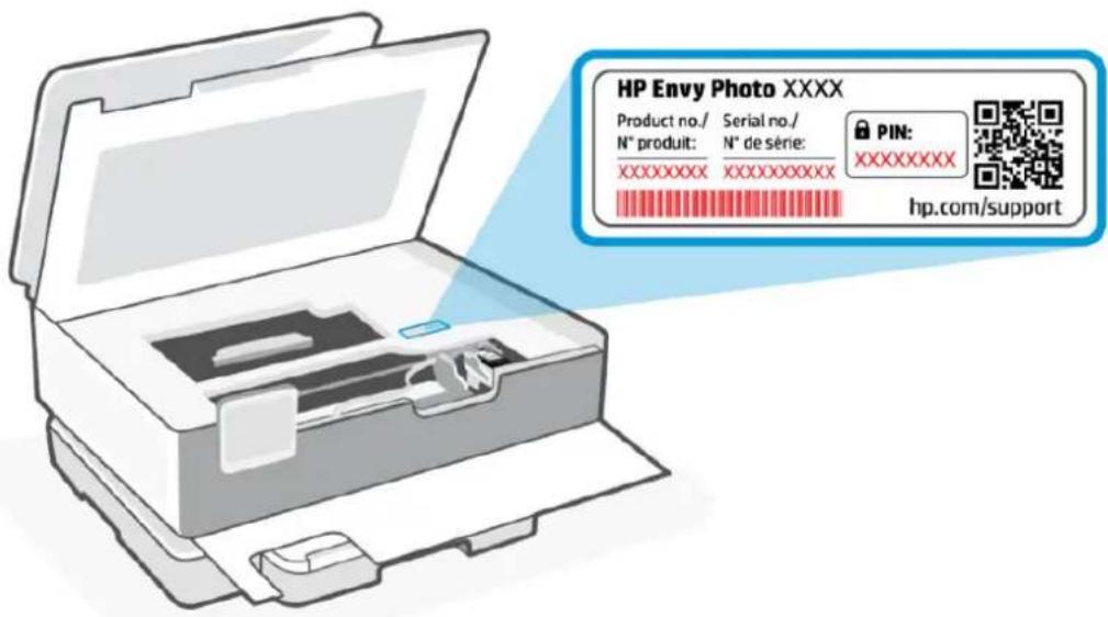 HP Envy Photo XXXX Product no./ Serial no./ N° produit: N° de série: PIN: XXXXXXXXXXXXXXXXXXXXXXX hp.com/support