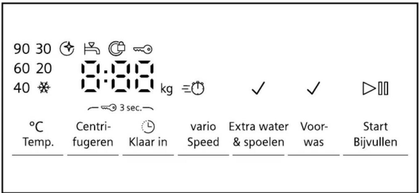 90 30 60 20 40 * 0:00 kg ≡ √ √ ▷ III ~∞ 3 sec. °C Temp. Centri- fugeren Klaar in vario Speed Extra water & spoelen Voor- was Start Bijvullen ______________________________