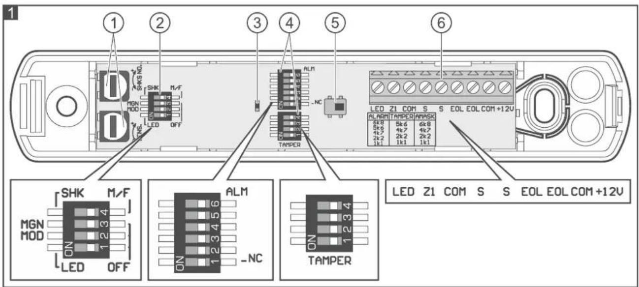 1 ① ② ③ ④ ⑤ ⑥ SHK M/F ALM LED Z1 COM S EOL EOL COM +12V ALM/AM TAMPER/ANASK 5k8 5k6 6k8 5k6 4k7 4k7 4k7 2k2 2k2 2k2 1k1 1k1 1k1 SHK M/F MGN ALM MOD 1234 ON 1234 56 LED OFF -NC TAMPER LED Z1 COM S EOL EOL COM +12V