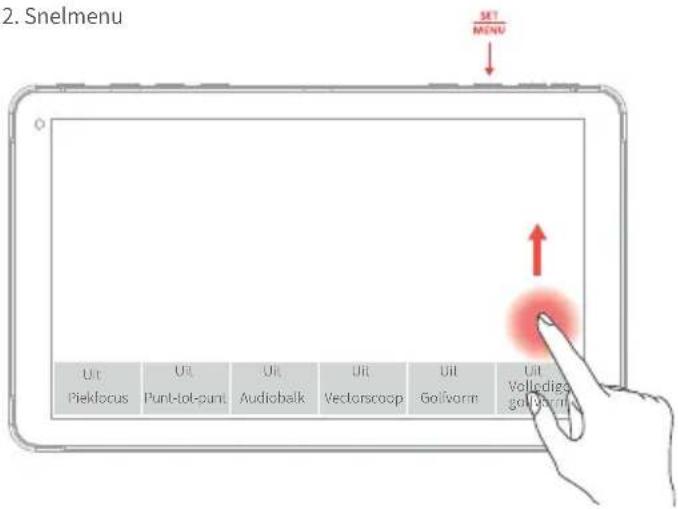 2. Snelmenu SET MENU Uit Piekfocus Uit Punt-tol-punt Uit Audiobalk Uit Vectorscoop Uit Golivorm Uit Volledige golivorm Uit