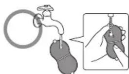 Illustration of a faucet with a magnified inset showing hand positioning (no text or symbols)