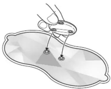 Illustration of a hand holding a small object with two small circular objects inserted into a transparent oval (no text or symbols)