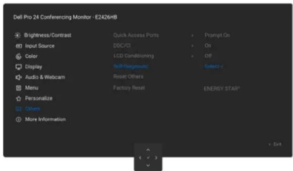 Dell Pro 24 Conferencing Monitor - E2426HB Brightness/Contrast Quick Access Ports > Prompt On Input Source DDC/CI > On Color LCD Conditioning > Off Display Sell-Diagnouts Selects ✓ Audio & Webcam Reset Others Menu Factory Reset ENERGY STAR® Personalize Others More Information • Exit