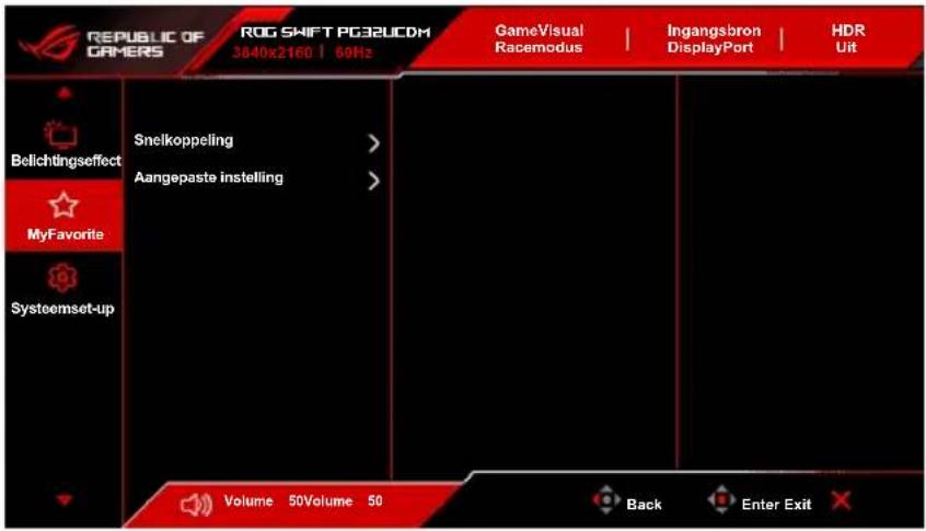 REPUBLIC OF GAMERS ROG SHIFT PG32UCDM 3840x2160 | 60Hz GameVisual Racemodus Ingangsbron DisplayPort HDR Uit Belichtingseffect Snelkoppeling > Aangepaste instelling > MyFavorite Systeemset-up Volume 50Volume 50 Back Enter Exit