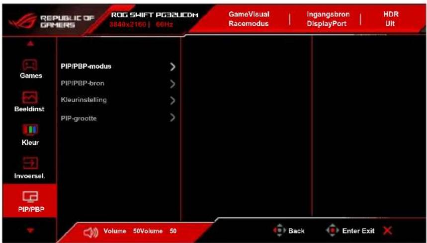 REPUBLIC OF GRIMERS ROG SHIFT PG32UCDM 3840x2160 | 60Hz GameVisual Racemodus | Ingangsbron | HDR DisplayPort | Ult Games Beeldinst Kleur Invoersel. PIP/PBP-modus > PIP/PBP-bron > Kleurinstelling > PIP-grootte > Volume 50Volume 50 Back Enter Exit
