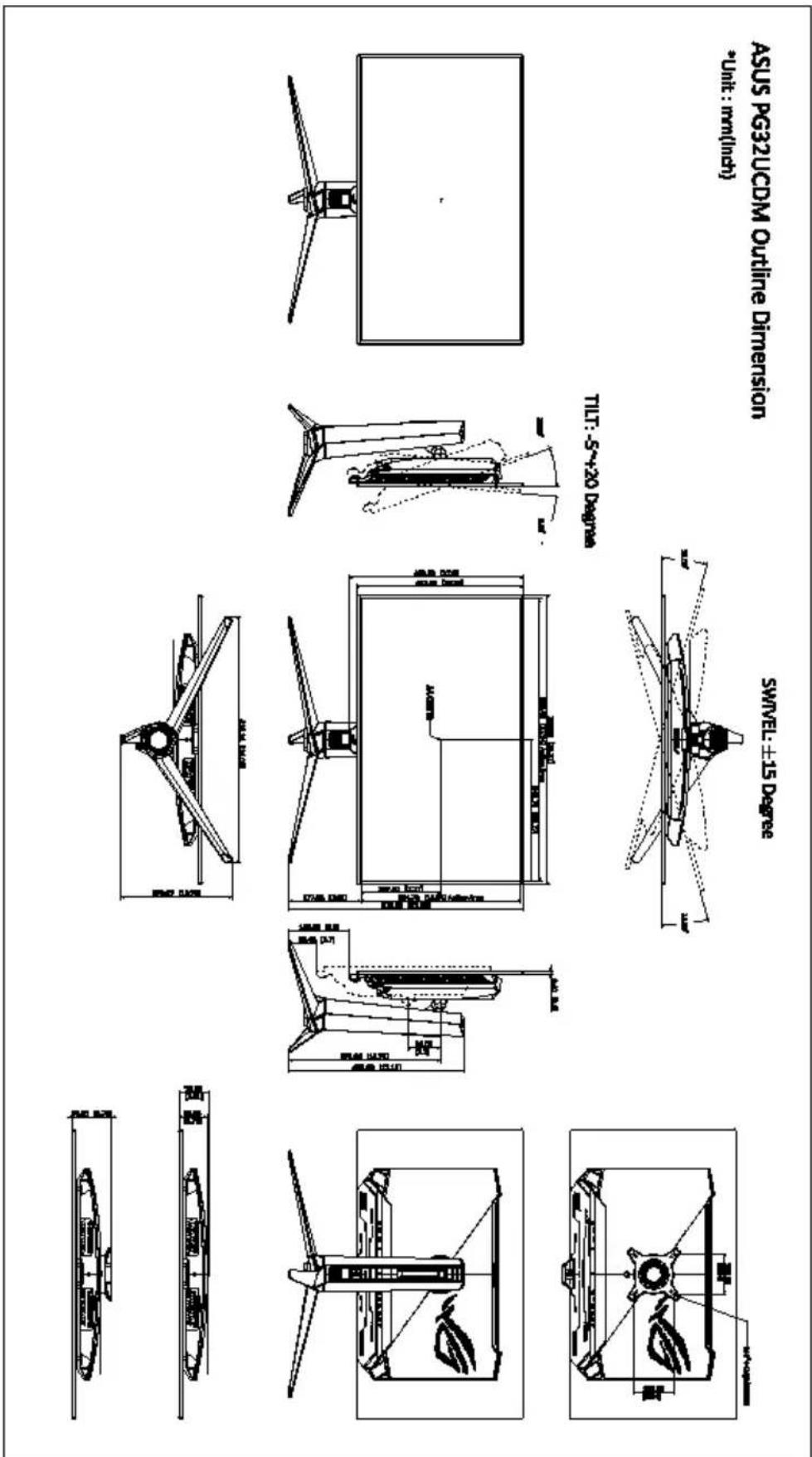 ASUS P632UCDM outline Dimension White : mm(inch) SWIVEL ±15 Degree TIL: 5-+20 Degree SWIVEL ±15 Degree