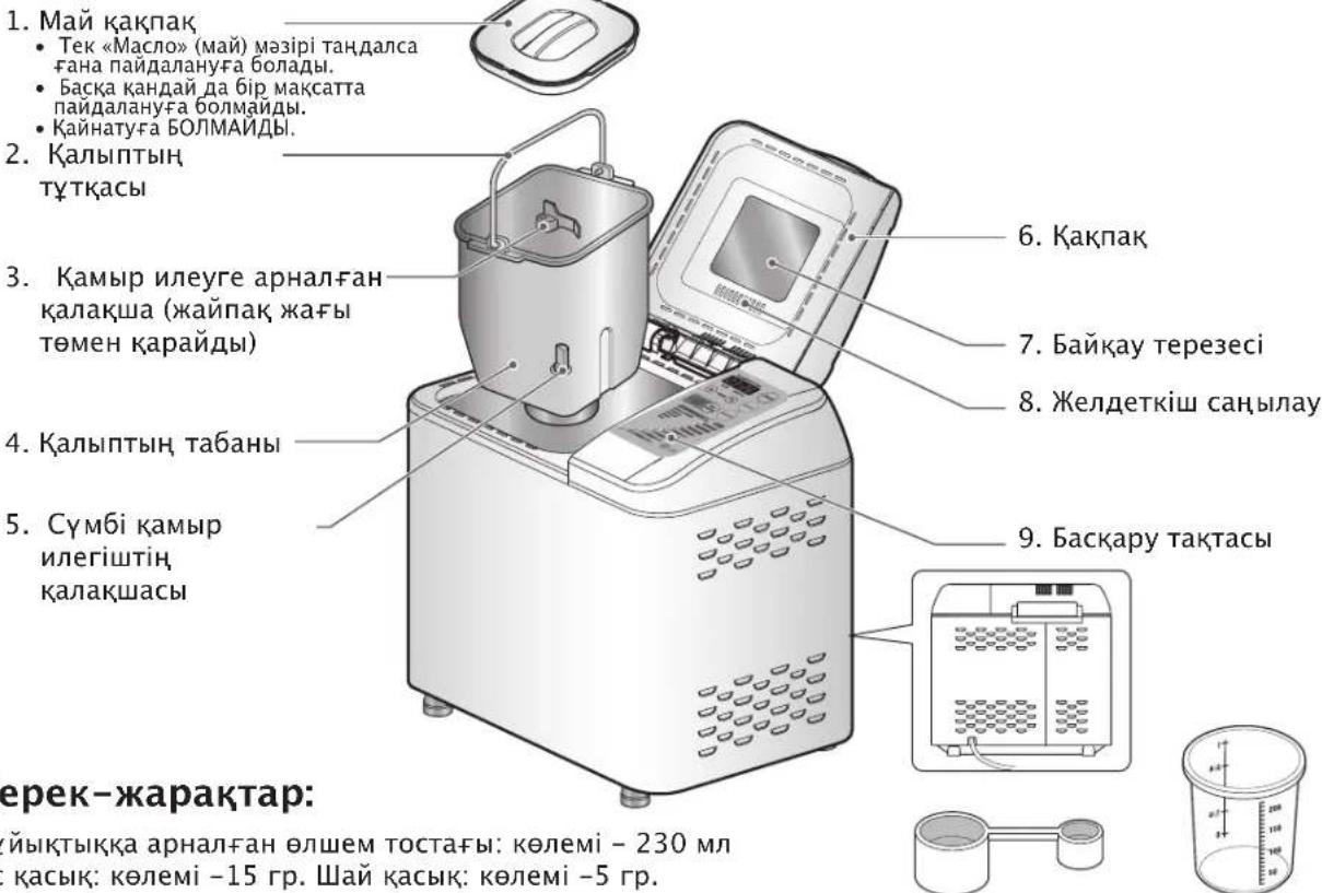 1. Май қақпак • Тек «Масло» (май) мәзірі таңдалса ғана пайдалануға болады. • Басқа қандай да бір мақсatta пайдалануға болмайды. • Қайнатуға БОЛМАЙДЫ. 2. Қалыптың түтқасы 3. Қамыр илеуге арналған қалақша (жайпак, жағы төмен қарайды) 4. Қалыптың табаны 5. Сүмбі қамыр илегіштің, қалақшасы 6. Қақпак 7. Байқау терезесі 8. Желдеткіш саңылау 9. Басқару тақтасы перек-жарактар: йықтыққа арналған өлшем тостағы: көлемі - 230 мл қ қасық: көлемі -15 гр. Шай қасық: көлемі -5 гр.