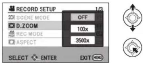 RECORD SETUP 1/3 SCM SCENE MODE OFF D.ZOOM 100x REC MODE 3500x ASPECT SELECT ENTER EXIT MENU