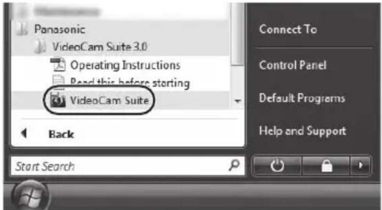 Panasonic VideoCam Suite 3.0 Operating Instructions Read this before starting VideoCam Suite Back Start Search Connect To Control Panel Default Programs Help and Support