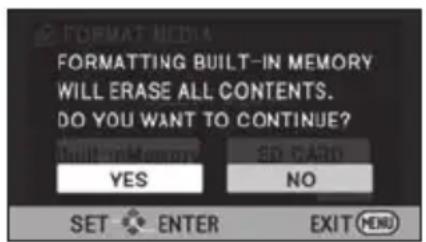 FORMATING BUILT-IN MEMORY WILL ERASE ALL CONTENTS. DO YOU WANT TO CONTINUE? YES NO SET ENTER EXIT MENU