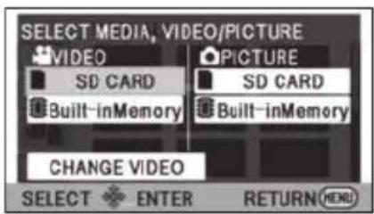 SELECT MEDIA, VIDEO/PICTURE VIDEO SD CARD Built-inMemory PICTURE SD CARD Built-inMemory CHANGE VIDEO SELECT ENTER RETURN MENU