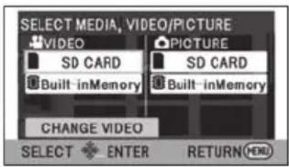 SELECT MEDIA, VIDEO/PICTURE VIDEO SD CARD Built-inMemory PICTURE SD CARD Built-inMemory CHANGE VIDEO SELECT ENTER RETURN MENU