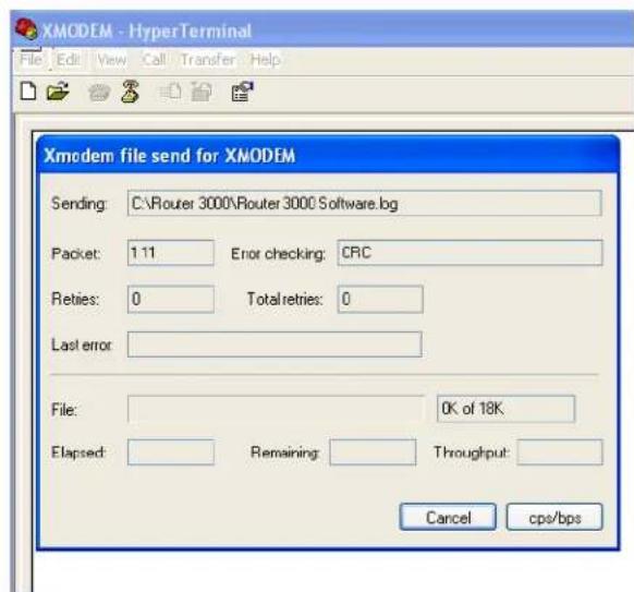XMODEM - HyperTerminal File Edit View Call Transfer Help Xmcdem file send for XMODEM Sending: C:\Router 3000\Router 3000 Software.bg Packet: 1.11 Error checking: CRC Reties: 0 Total retries: 0 Last error: File: 0K of 18K Elapsed: Remaining Throughput: Cancel cps/bps