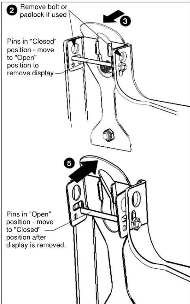 2 Remove bolt or padlock if used 3 Pins in "Closed" position - move to "Open" position to remove display 5 Pins in "Open" position - move to "Closed" position after display is removed.