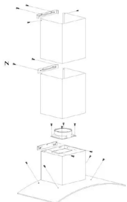 Technical diagram showing three-step assembly of a rectangular box with internal components and directional arrows indicating motion or force.