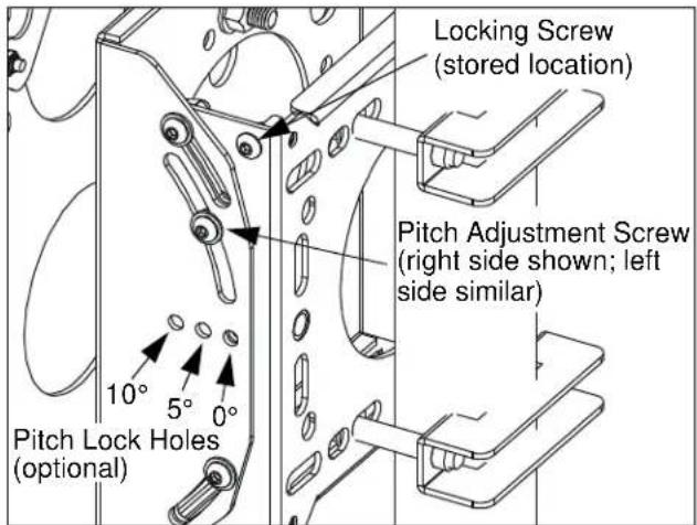 Locking Screw (stored location) Pitch Adjustment Screw (right side shown; left side similar) 10° 5° 0° Pitch Lock Holes (optional)