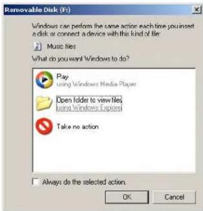 Removable Disk (F:) Windows can perform the same action each time you insert a disk or connect a device with this kind of file: Music files What do you want Windows to do? Play using Windows Media Player Open folder to view files using Windows Exporter Take no action Always do the selected action. OK Cancel