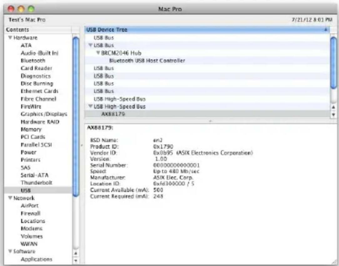 Mac Pro Test's Mac Pro 7/21/12 8:01 PM Contents Hardware ATA Audio (Built In) Bluetooth Card Reader Diagnostics Disc Burning Ethernet Cards Fibre Channel FireWire Graphics /Displays Hardware RAID Memory PCI Cards Parallel SCSI Power Printars SAS Serial-ATA Thunderbolt USB Network AirPort Firewall Locations Modems Volumes WWAN Software Applications USB Device Tree USB Bus USB Bus BRCM2046 Hub Bluetooth USB Host Controller USB Bus USB Bus USB Bus USB Bus USB High-Speed Bus USB High-Speed Bus AX88179 AX88179: BSD Name: an2 Product ID: 0x1790 Vendor ID: 0x0b95 (ASIX Electronics Corporation) Version: 1.00 Serial Number: 000000000000001 Speed Up to 480 Mb/sec Manufacturer: ASIX Elec. Corp. Location ID: 0xfd300000 / 5 Current Available (mA): 500 Current Required (mA): 248