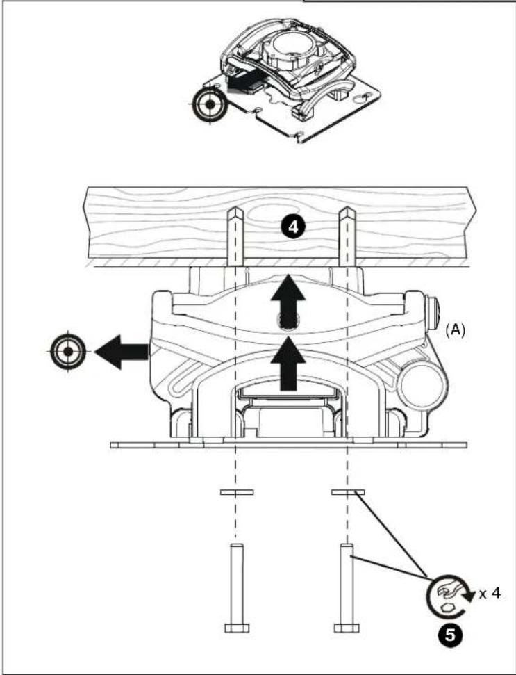 Technical diagram of a mechanical assembly with labeled parts and directional arrows indicating movement or assembly.