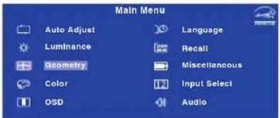 Main Menu Auto Adjust Luminance Geometry Color OSD Language Recall Miscellaneous Input Select Audio