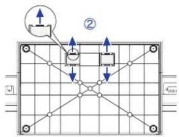Technical diagram showing a grid layout with directional arrows and labeled components, including symbols like '√' and '4min'