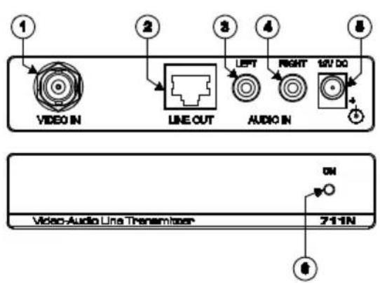 1 VIDEO IN 2 LINE OUT 3 LEFT RIGHT 4 AUDIO IN 5 12V DC Video-Audio Line Transmitter 711N ON