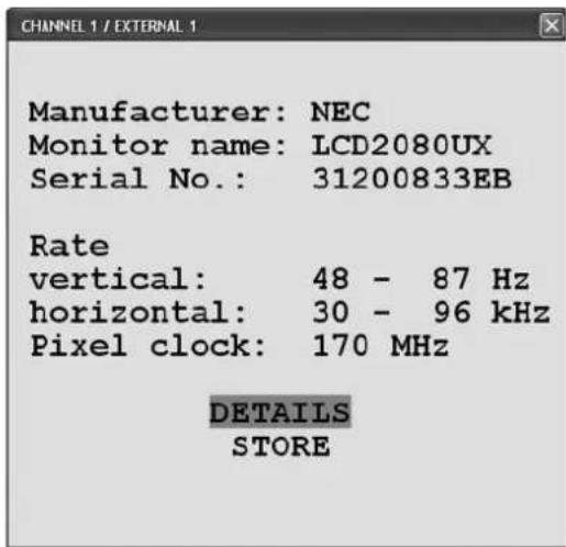 MANUFACTURER: NEC Monitor name: LCD2080UX Serial No.: 31200833EB Rate vertical: 48 - 87 Hz horizontal: 30 - 96 kHz Pixel clock: 170 MHz DETAILS STORE