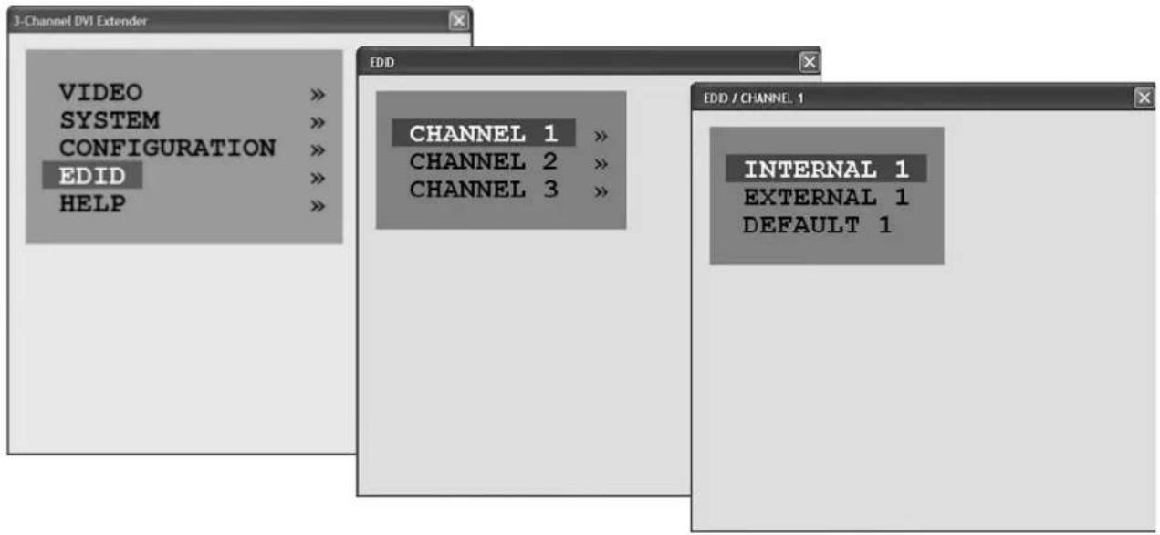 3-Channel DVI Extender VIDEO SYSTEM CONFIGURATION EDID HELP EDD CHANNEL 1 CHANNEL 2 CHANNEL 3 EDD / CHANNEL 1 INTERNAL 1 EXTERNAL 1 DEFAULT 1