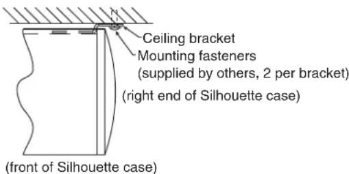 Ceiling bracket Mounting fasteners (supplied by others, 2 per bracket) (right end of Silhouette case) (front of Silhouette case)