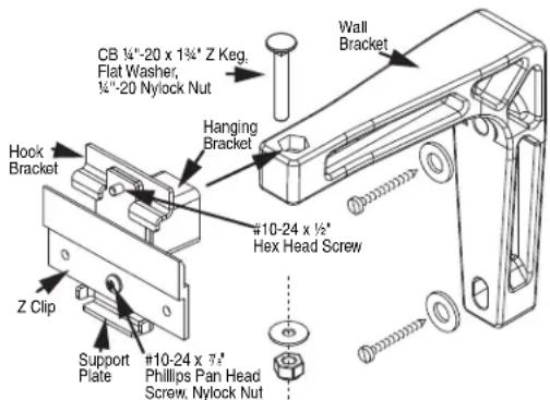 CB ¼"-20 x 1¾" Z Keg, Flat Washer, ¼"-20 Nylock Nut Hanging Bracket Wall Bracket #10-24 x ½" Hex Head Screw Hook Bracket Z Clip Support Plate #10-24 x ¾" Phillips Pan Head Screw, Nylock Nut