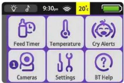9:30pm 20°C Feed Timer Temperature Cry Alerts Cameras Settings BT Help