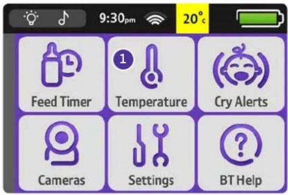 9:30pm 20°C Feed Timer Temperature Cry Alerts Cameras Settings BT Help