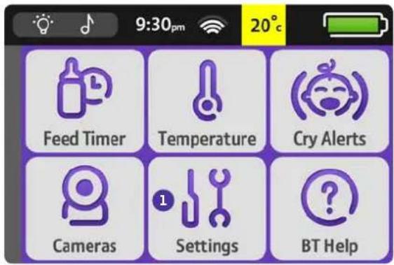 9:30pm 20°c Feed Timer Temperature Cry Alerts Cameras Settings BT Help