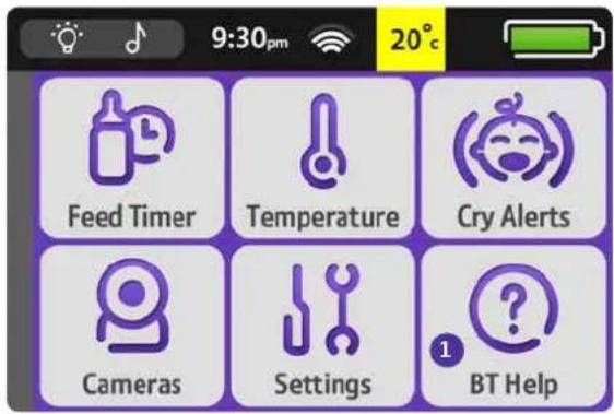 9:30pm 20°C Feed Timer Temperature Cry Alerts Cameras Settings BT Help