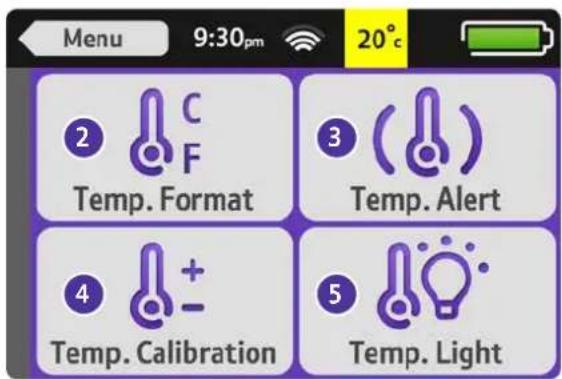 Menu 9:30pm 20°C Temp. Format Temp. Alert 4 Temp. Calibration 5 Temp. Light