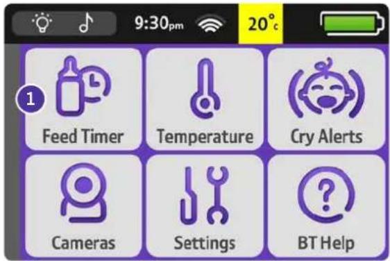 9:30pm 20°C 1 Feed Timer Temperature Cry Alerts Cameras Settings BT Help
