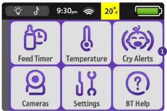 9:30pm 20°C Feed Timer Temperature Cry Alerts Cameras Settings BT Help