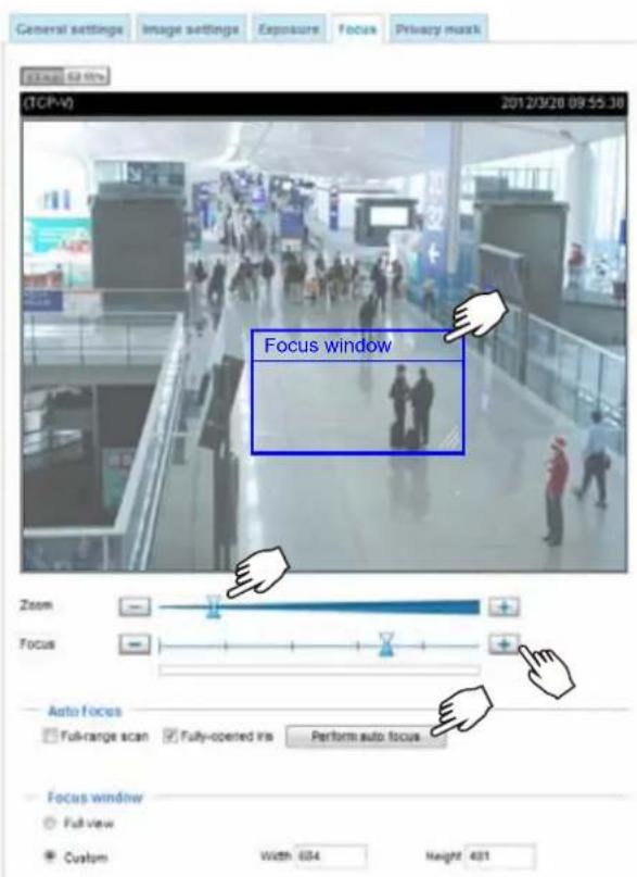 General settings Image settings Exposure Focus Privacy mask TCP-V) 2012/3/20 09:55:38 Focus window Zoom Focus Auto focus Full-range scan Fully-opened iris Perform auto focus... Focus window Full view Custom Width 604 Height 401
