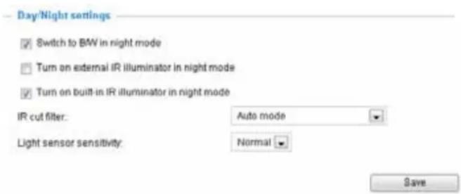 Day/Night settings ✓ Switch to BW in night mode ☐ Turn on external IR illuminator in night mode ✓ Turn on built-in IR illuminator in night mode IR cut filter: Auto mode Light sensor sensitivity: Normal Save