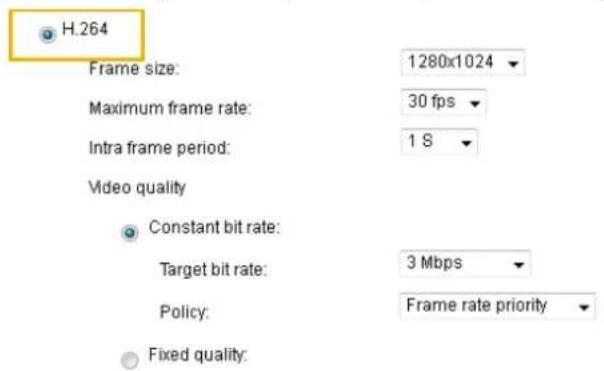 H.264 Frame size: 1280x1024 Maximum frame rate: 30 fps Intra frame period: 1 S Video quality Constant bit rate: Target bit rate: 3 Mbps Policy: Frame rate priority Fixed quality: